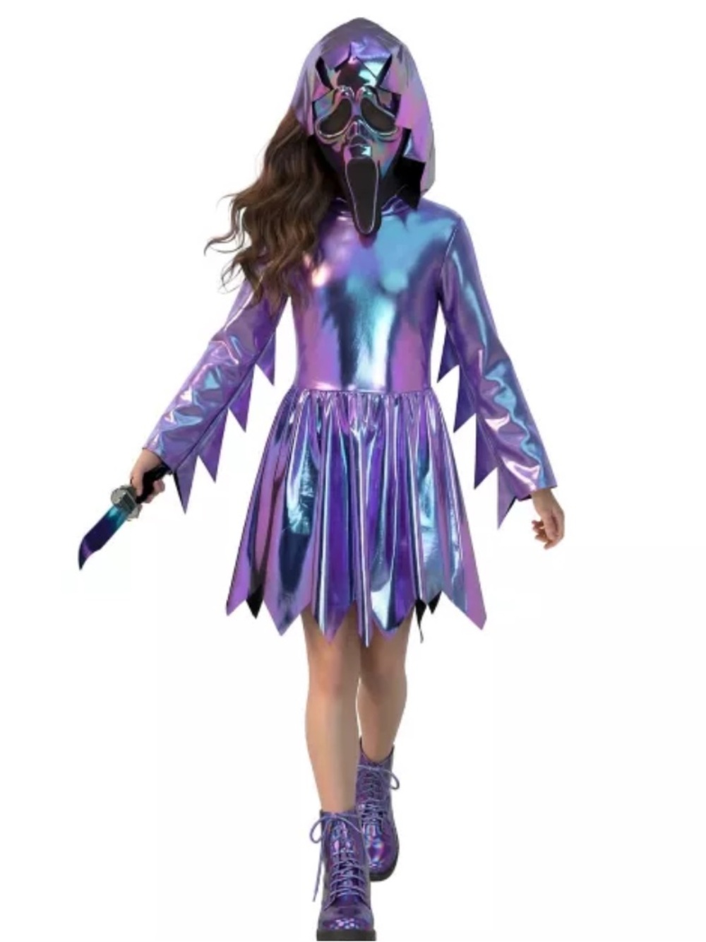 Ghost Face Two Tone Chome Girls Kids Hooded Dress Half Mask Costume M 8-10 New